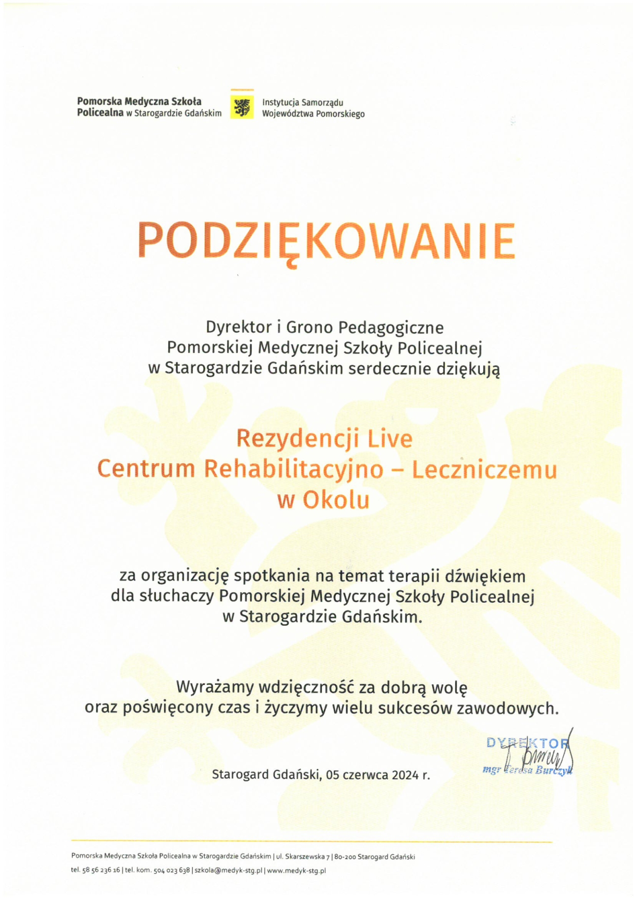 Podziękowania od Pomorskiej Medycznej Szkoły Policealnej